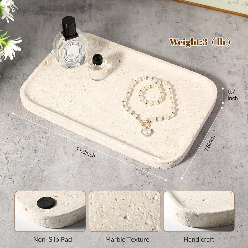 karibiber Natural Marble Vanity Tray, 11.8" Marble/Stone Bathroom Tray Countertop, Beige Tray for Decor, Perfume Jewelry Holder, Storage/Organizer for Kitchen Sink - Image 3